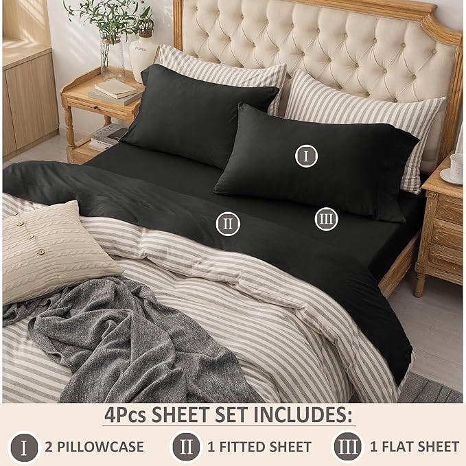 PURE ERA Jersey Knit 4pc Bed Sheet Set 100% T-Shirt Heather Cotton Super Soft Comfy Breathable Fits Mattress Up to 20" Extra Deep Pocket (Solid Black, Queen)