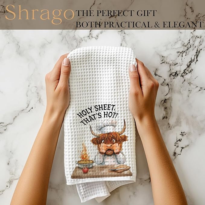 Funny Chef Highland Cow Kitchen Towels, Highland Cow Gifts for Women Men Dish Tea Towels, Humorous Holy Sheet That's Hot Decorative Hand Towel, 16x24 Inch