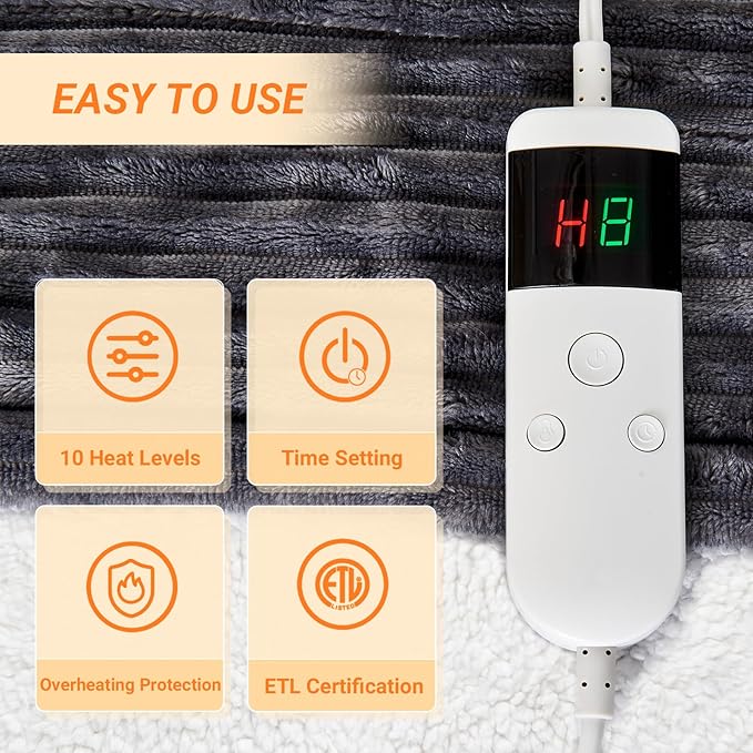 Heated Blanket Electric Throw, Soft Flannel Heating Blanket with 8 Hours Auto Off 10 Fast Heating Levels Machine Washable Sherpa Heated Blanket with Overheating Protection
