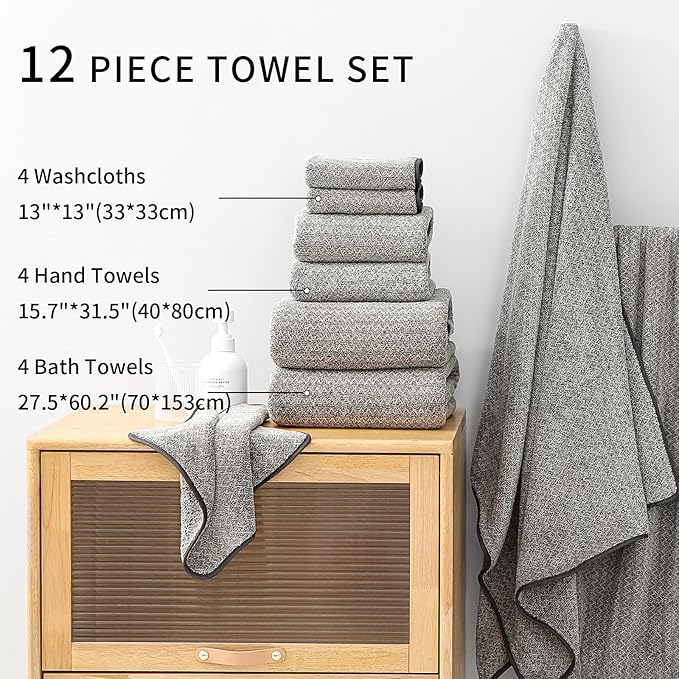 Ultra Soft Bath Towel Set,12 Piece (4 Bath Towels,4 Hand Towels,4 Washcloths) Family Bathroom Towels Set with Hanging Loop,Quick Dry Extra Absorbent Shower Towel for Bathroom,Hotel,Spa-Dark Brown