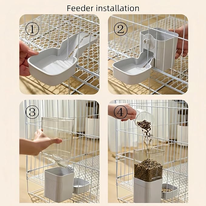 Automatic Rabbit Feeder and Water Dispenser Set,40oz Gravity Food Feeder&17oz Leak-Proof Water Bottle for Guinea Pigs,Hamsters,Chinchillas,Ferrets, Small Animals,Cage Mount Feeding Station Grey