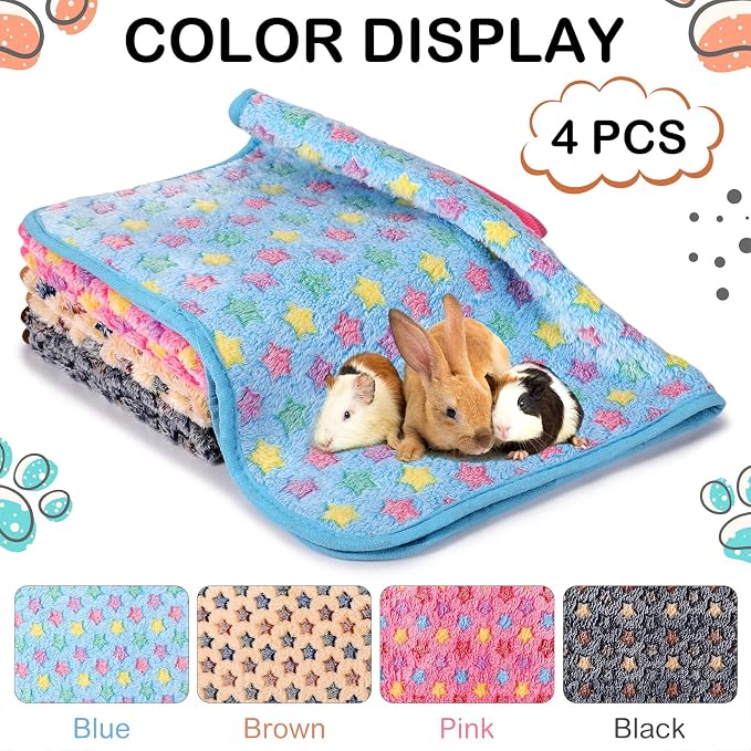 Reginary 4 Pcs Guinea Pig Fleece Blankets, Star Pattern, 35 x 24 Inch | Waterproof Washable Cage Liners, Absorbent Double Layer Bedding for Guinea Pigs, Reusable Pads for Hamsters Rabbits