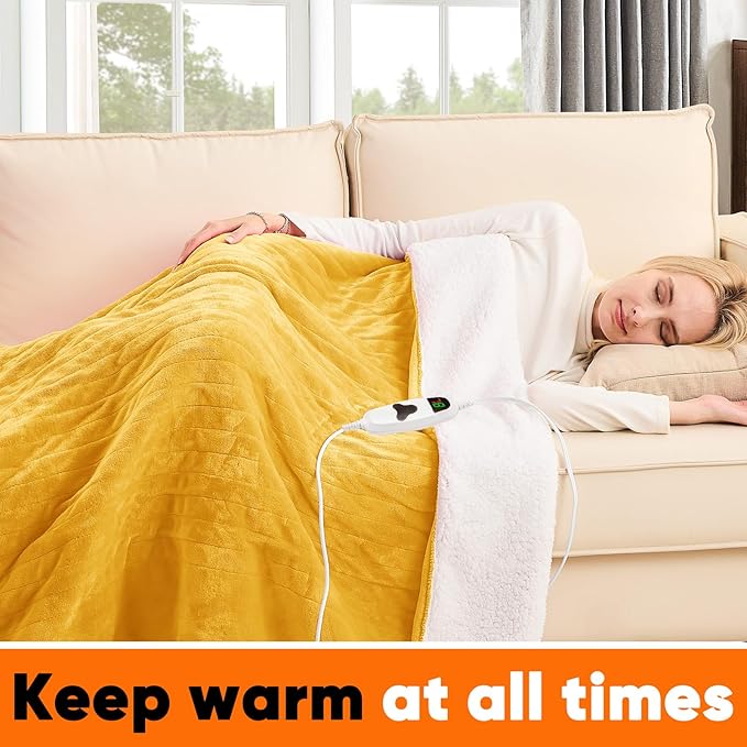 greenoak Heated Blanket Electric Twin 62"X84", Heating Blankets with 10 Levels 8 Hours Auto-Off,Soft Flannel Sherpa Fluffy House Warming Gifts for Grandma Seniors Mom,Ginger Yellow