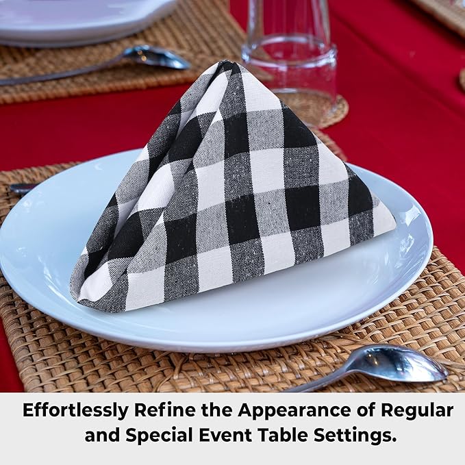 Urban Villa Cloth Napkins 100% Cotton Dinner Napkins Highly Absorbent 20x20 Inches (Set of 12) Black White Buffalo Checks Reusable Washable Soft Durable Premium Napkins Ideal for Home Wedding Parties