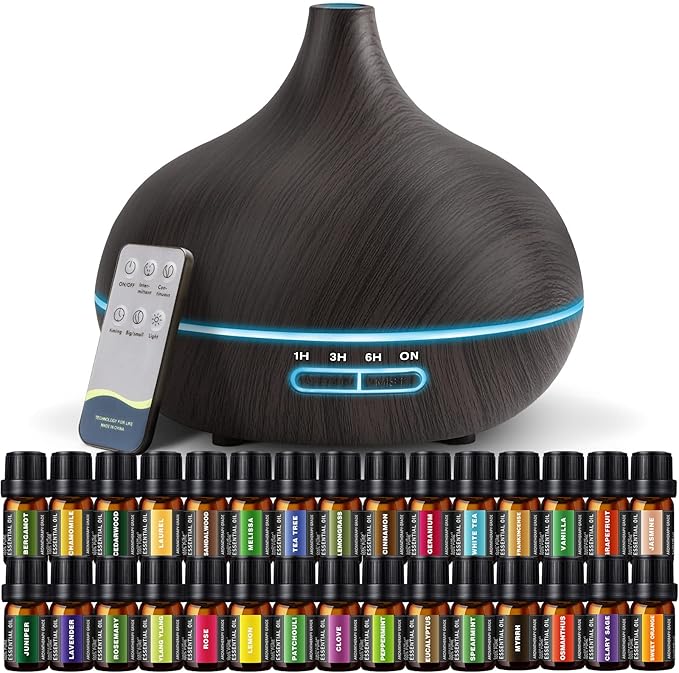 SACATR Aroma Diffiser with Essential Oils Set, 550 ML Essential Oil Diffuser with Remote, Ultrasonic Technology Aromatherapy Diffusers Auto Shut-Off for Office, Home