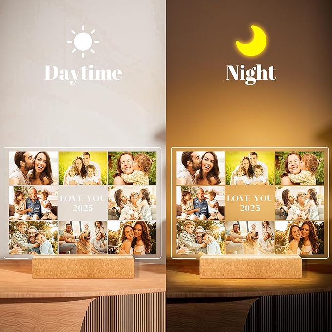 Custom Picture Frames with Photo, Personalized Photo Frame with Night Light, Customized Picture Frame, Personalized Christmas Birthday Gifts for Women Men Mom Dad Grandma Grandpa Kids Family Friend