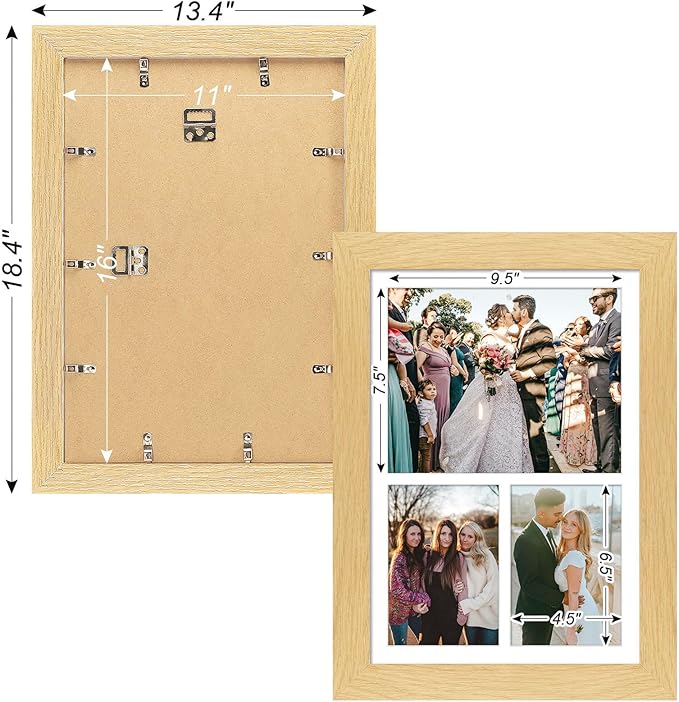 11x16 Picture Frame Display 3 opening Picture Frame 5x7 and 8x10 Collage,Multi Photo Frame with Mat,Plexiglass,Horizontal and Vertical Formats for Wall Decor,Natural Wood Grain