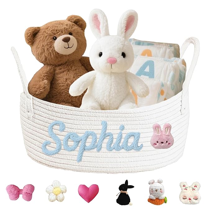 Personalized Baby Basket with Name Custom Cotton Rope Easter Basket Newborn Shower Gift Diaper Caddy Nursery Storage Bin (L)