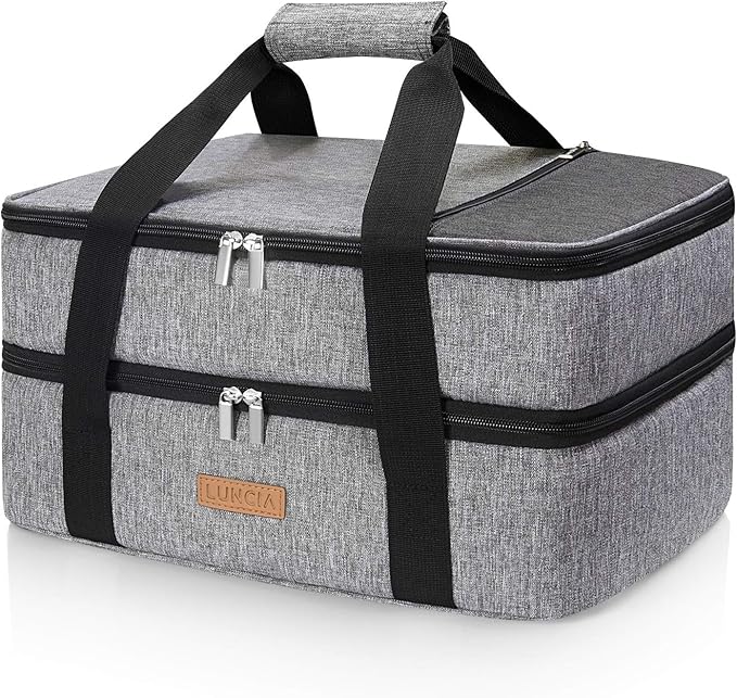 LUNCIA Insulated Double Decker Casserole Carrier, Lasagna Lugger Tote Keeps Food Hot or Cold, Thermal Lunch Bag for Potluck Parties, Picnic and Cookouts, Fits 9" x 13" Baking Dish, Grey