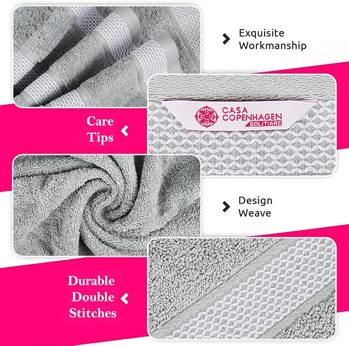 CASA COPENHAGEN Solitaire Mix 6 Pieces Towel Set- White + Grey Violet, 600 GSM 2Bath Towel 2Hand Towel 2Washcloth, Designed in Denmark Made of Soft Egyptian Cotton for Bathroom, Kitchen & Shower