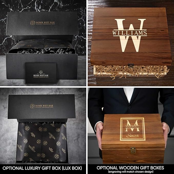 HomeWetBar Personalized Whiskey Decanter Set with Engraved Rocks Glasses & Luxury Wooden Box Set - 7pc Whiskey Decanter Gifts for Men