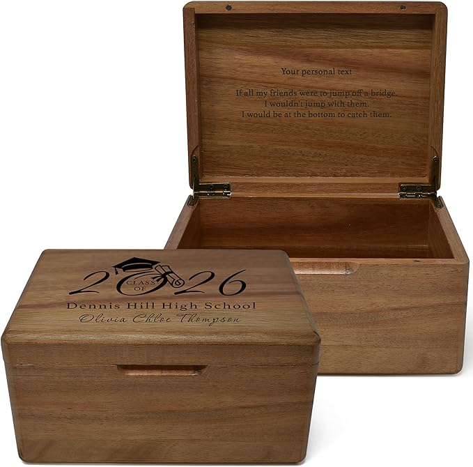 Graduation Boxes 2026 - Personalized Graduation Gifts for Him Her, Engravable High School Memory Box Organizer Boys Girls, Memorabilia Time Capsule, Wood Keepsake Chest Congrats Grad, 8x6x4 in
