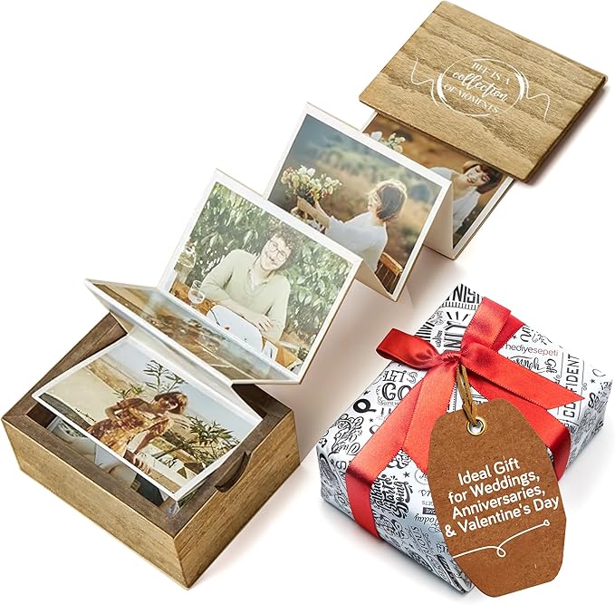 udelf Personalized Wooden Photo Box Gift with Accordion Picture Pull Out | Custom Gifts for Birthdays, Wedding Keepsake Box, or Anniversary Box | Picture Box Gift I Holds 14 Photo Prints, 3""x2""