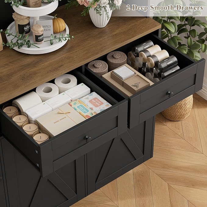 HOSTACK 12.5 Gallon Kitchen Trash Cabinet, 47" Double Trash Can Cabinet, Large Pull Out Can Storage Drawers, Wood Farmhouse Hidden Garbage Storage Buffet for Kitchen, Dining Room, Black