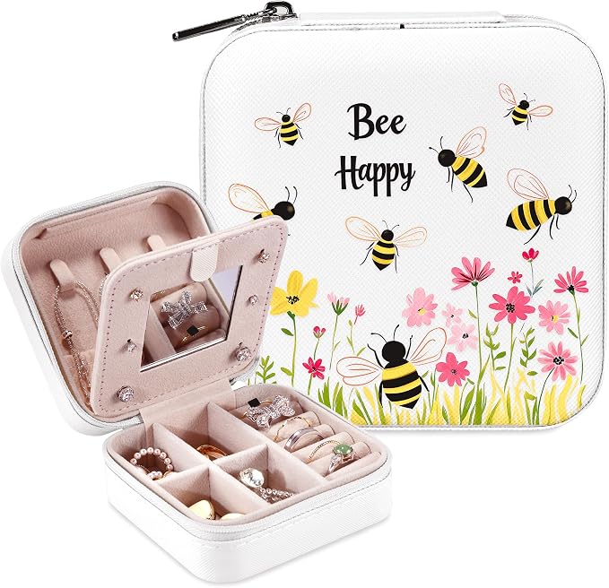 Bee Jewelry Box, Gifts For Women Teens Girls, Bumble Bee Lovers Themed Stuff Items Accessories Things Merchandise Decor Merch, Travel Ring Earrings Necklace Organizer Holder!