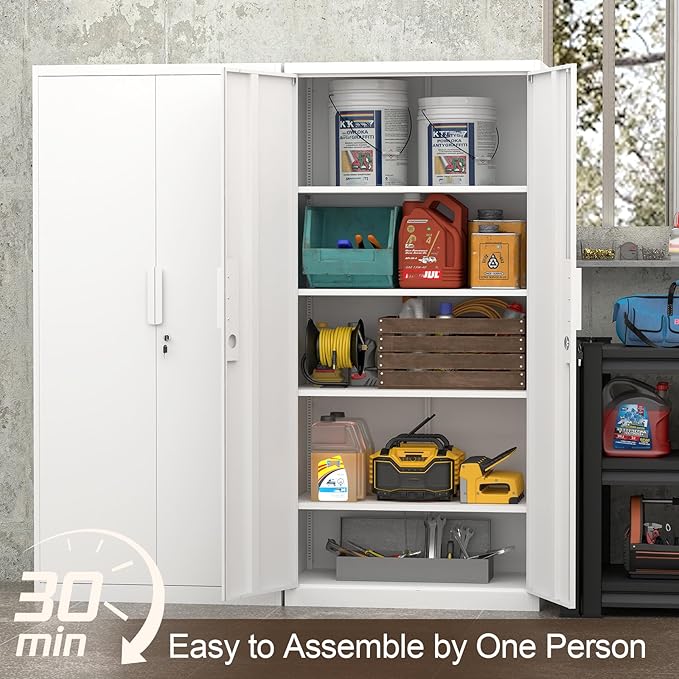 GREATMEET Metal Garage Storage Cabinets, 72" Tall Locking Cabinets with Doors and Shelves, Utility Cabinet with Lock for Garage, Home, White