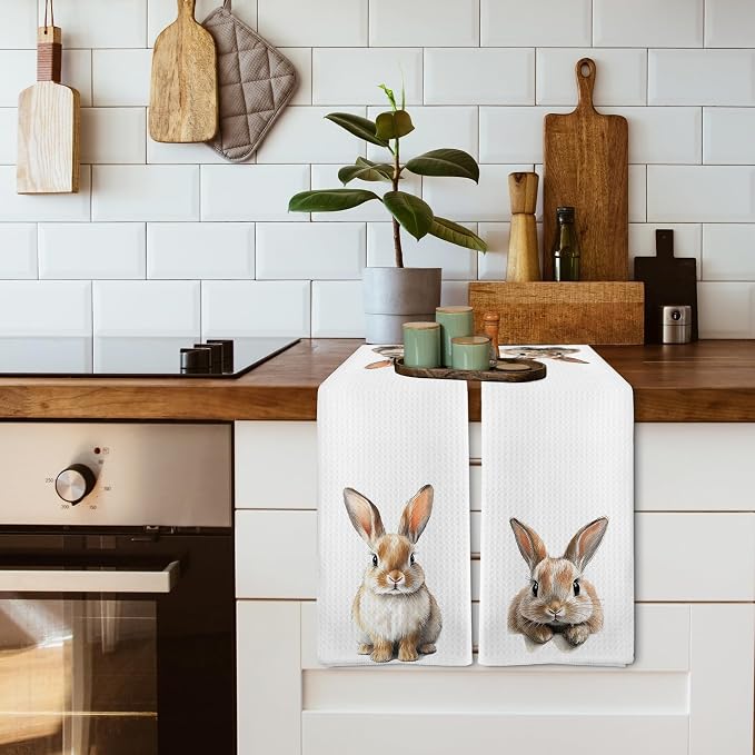 Funny Bunny Rabbit Kitchen Towels and Dishcloths Sets of 2, Bunny Nursery Decor Gifts, Fall Woodsy Rustic Forest Farm Nursery Decor Dish Hand Tea Towels for Home Bathroom Kitchen, 16x24 Inch