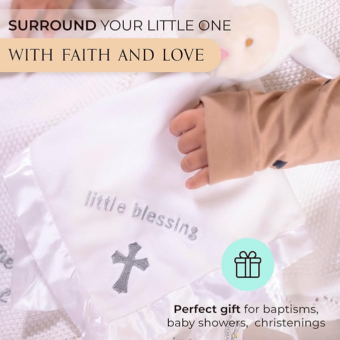Lamb Lovey, Baptism Gifts for Girl & Boys - Loveys for Babies, Soft Embroidered Baby Blanket with Cross, Baptism Blanket for Newborns & Toddlers, Organic Cotton,14 inch