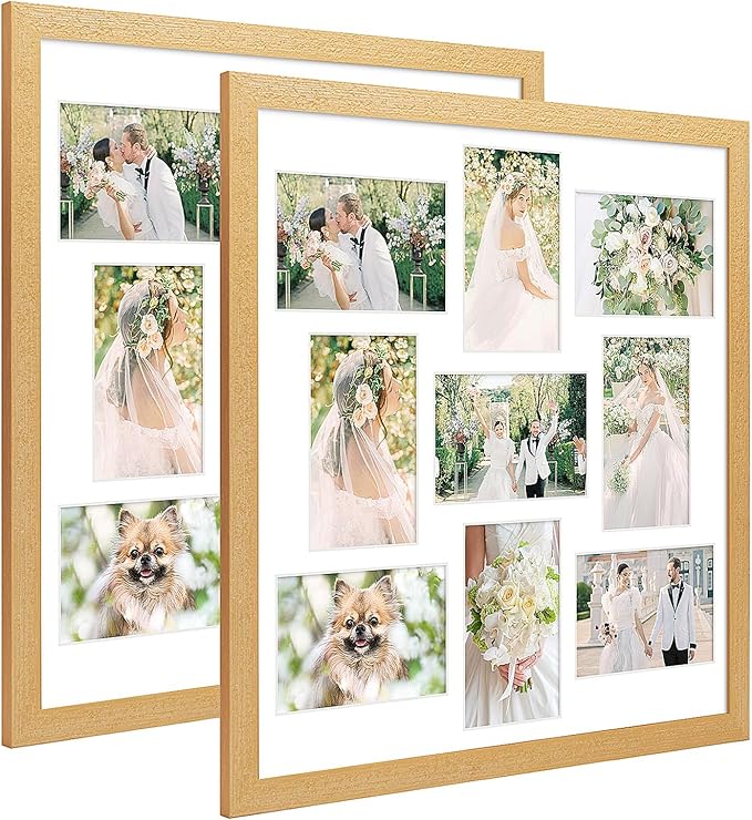 17x17 Collage frame with 9 Openings 4X6 Pictures, Multiple Picture Frame with Mat, Wall or Tabletop Decor, Natural Wood Grain,2 Pack