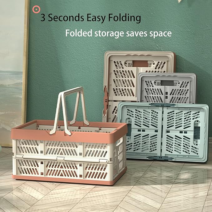 Collapsible Plastic Storage Crate - 20L Folding Organizer Basket Portable Stacking Storage Crate Bin with Handle, for Camping, Picnic, Car Trunk, Home Storage (Blue, M)