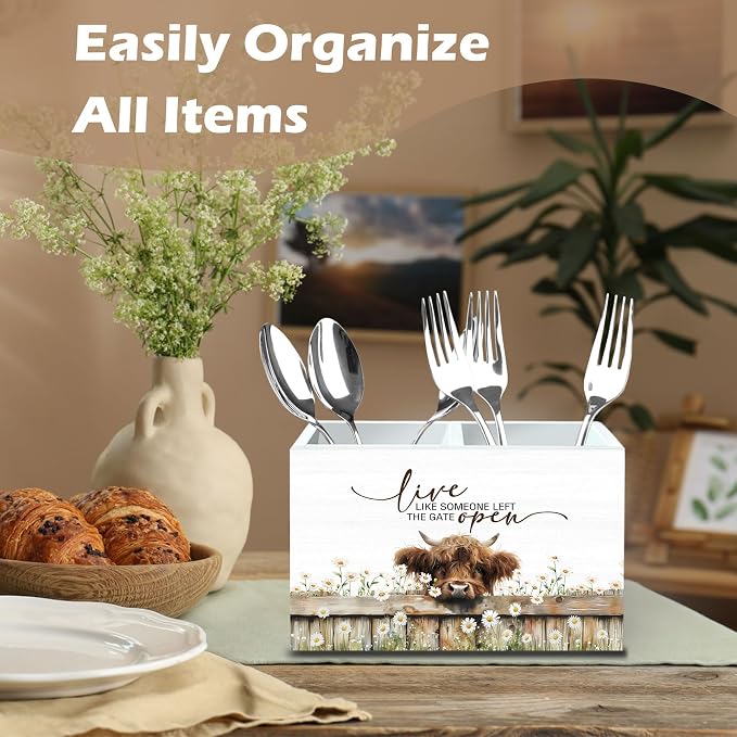 DILSJ Inspirational Highland Cow 2 Compartment Pen Pencil Holder Organizer for Desk, Highland Cow Gifts for Women, Live Like Someone Left The Gate Open Wooden Box Signs for Home Office Desk Decoration