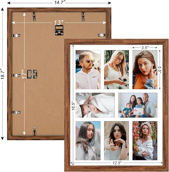 13x17 Collage frame with 8 Openings 4X6 Pictures, Multiple Picture Frame with Mat, Wall or Tabletop Decor, Carbonized Brown Wood Grain,2 Pack
