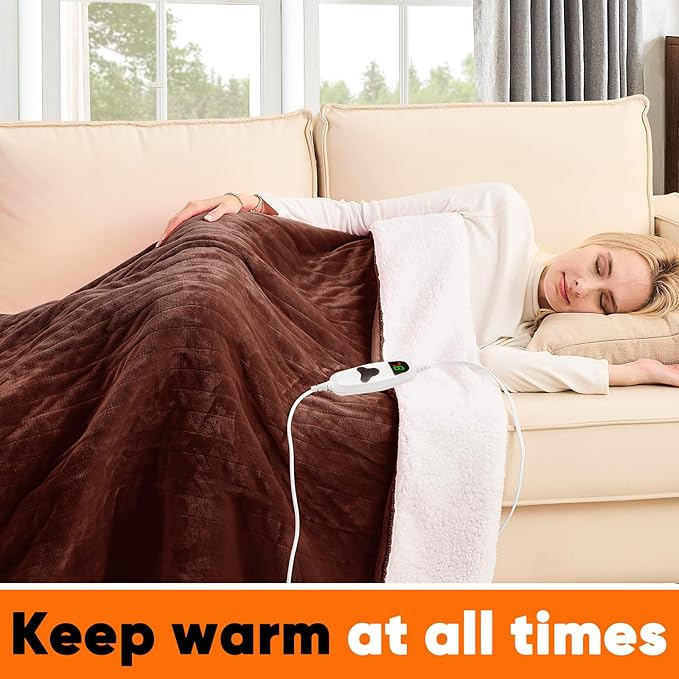 greenoak Heated Blanket Electric King Size 100"X90" Dual Control, Heating Blankets with 10 Levels 8 Hours Auto-Off, Soft Flannel Sherpa Fluffy House Warming Gifts for Grandma Seniors Mom, Mocha