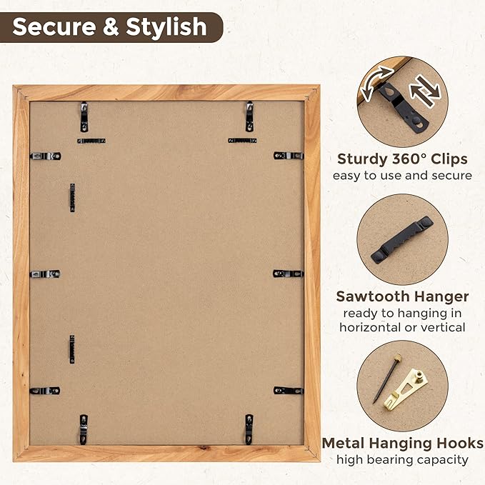 Fun Memories 16x20 Picture Frame, Solid Elm Wood Photo Frame with Tempered Glass, 16"x20" Frame matted to 11x14, Rustic Picture Frames, 16 by 20 Poster Frame for Wall Decoration, Natural, 1 Pack