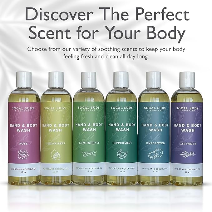 SoCal Suds & Company - 12oz Organic Soap Liquid, Gentle Hand & Body Wash, Organic Body Wash for Men and Women, Made w/Organic Oils & Coconut Oil, Bath Essentials for All Skin Types - 2pk Rose