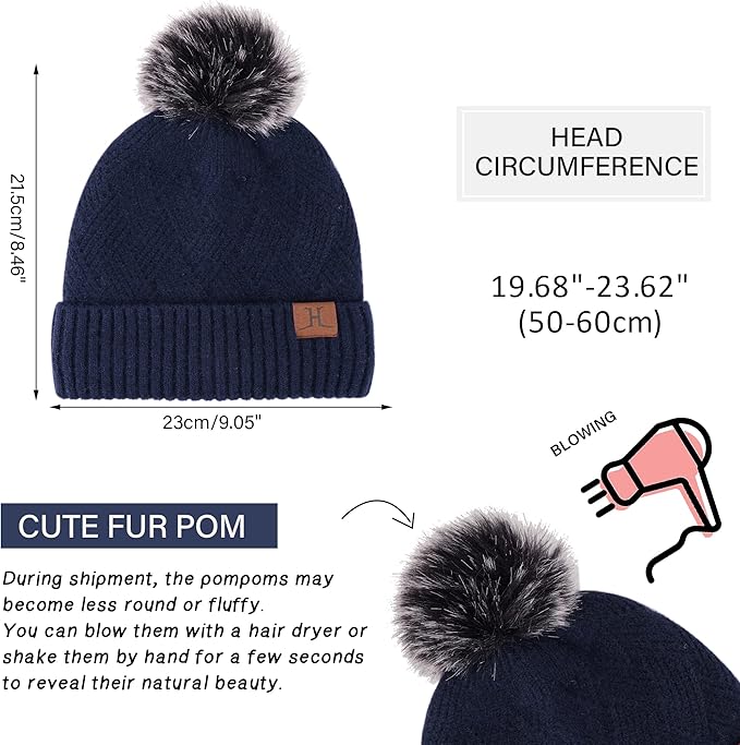 Womens Winter Warm Knit Beanie Hat Long Scarf Touchscreen Gloves Set with Fleece Lined Pom Skull Cap Gifts for Women