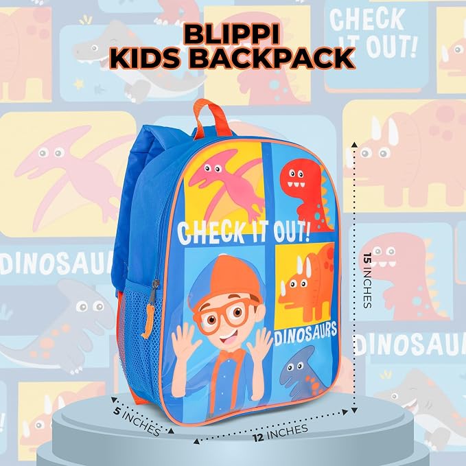 AI ACCESSORY INNOVATIONS Blippi Backpack for Boys & Girls, Kids 15" School Bag Featuring Blippi & His Dinosaur Friends, Blue