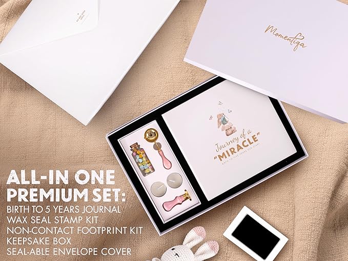 Keepsake Memory Book for Baby Boy or Girl First 5 Years, All-in-One Keepsake Box with Wax Seal Kit and Footprint Kit Included, Elegant Milestone Scrapbook Gift Set with Photo Album