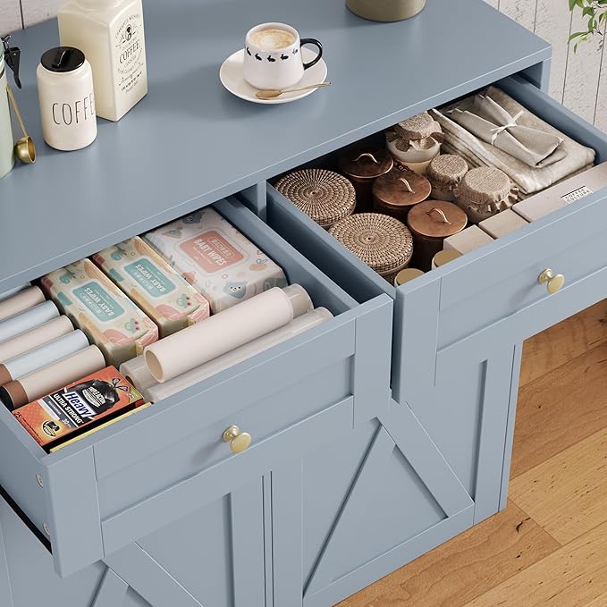 HOSTACK 12.5 Gallon Kitchen Trash Cabinet, 47" Double Trash Can Cabinet, Large Pull Out Can Storage Drawers, Wood Farmhouse Hidden Garbage Storage Buffet for Kitchen, Dining Room, Blue