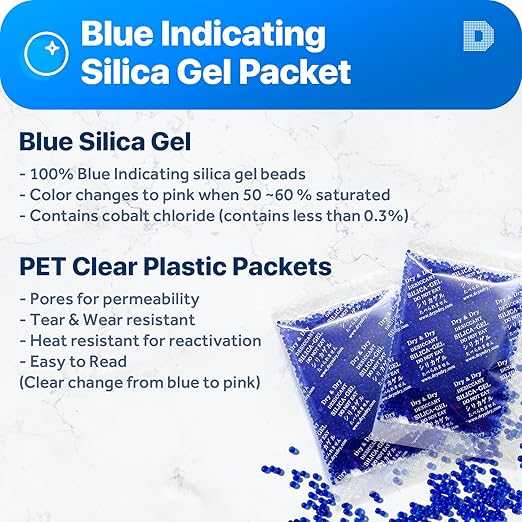 Dry & Dry 20 Gram Blue Indicating Silica Gel Packets - Rechargeable, 30 Packs