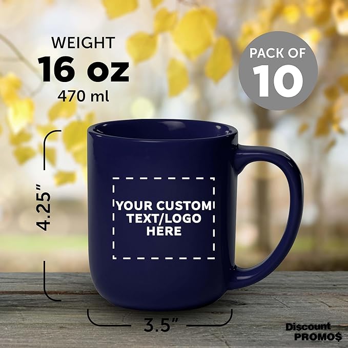 DISCOUNT PROMOS Custom Vibrant Color Glossy Ceramic Mugs 16 oz. Set of 10, Personalized Bulk Pack - Perfect for Tea, Espresso, Cappuccino, Hot Cocoa - Cobalt Blue