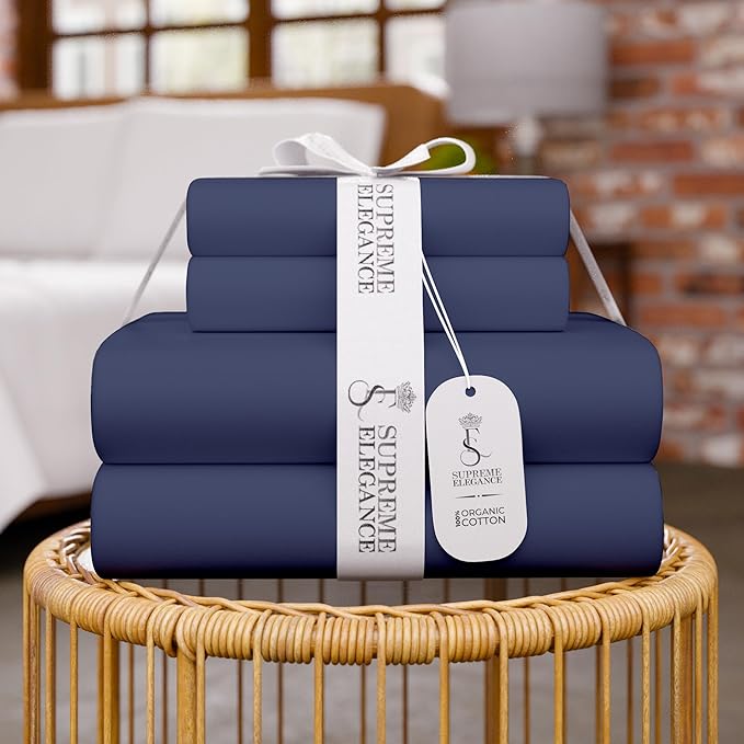 SUPREME ELEGANCE Organic 100% Cotton Queen Sheet Set, 18” Deep Pocket, Dark Blue | Lightweight, Eco-Friendly Cotton, Percale Softness, Durable & Breathable, Naturally Cooling | All Season Comfort