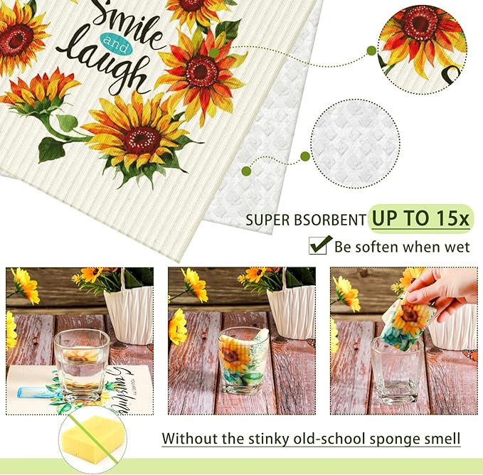 CHENGU 6 Pcs Swedish Kitchen Dishcloths, Absorbent Reusable Sponge Cleaning Dish Cloths, Fast Drying Washable Decorative Tea Towels, No Odor Bar Hand Towel (Sunflower)