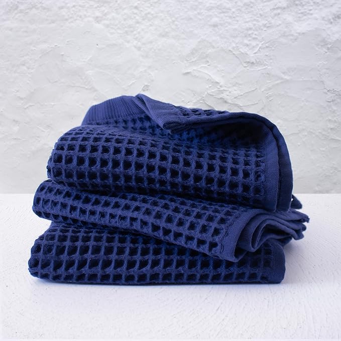 PÜSKÜL - Set of 3 Organic Waffle Hand Towel Navy - Premium Quality, 100% Turkish Cotton, Soft, Quick-Dry, Absorbent, Lint-Free Face Kitchen Hand Towels (Navy Blue, Hand Towels - Pack of 3)