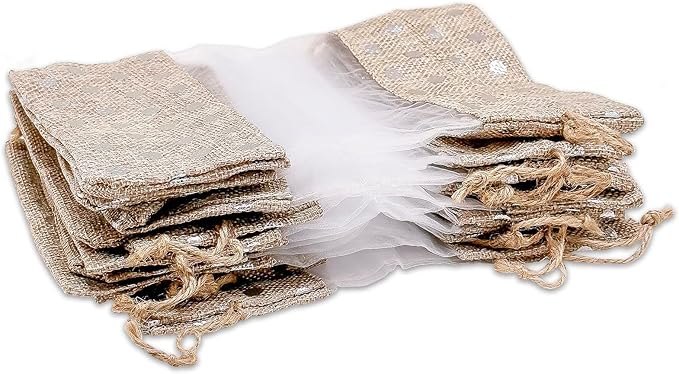 12-Pack Large Linen Burlap & Organza Gift Bags w. Drawstrings (6.5x8.5 in, Beige/Silver Polka) - Party Favors, Presents, Samples & Treats Mesh Pouch by The Display Guys