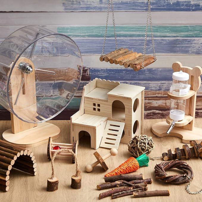 18 Pcs Hamster Accessories for Cages 10 Kinds Hamster Toys Set | Silent Hamster Wheel Maze Wood House Water Bottle Set for Rat Mice Small Animals Habitat Decor Enrichment(Mixed Play Style)