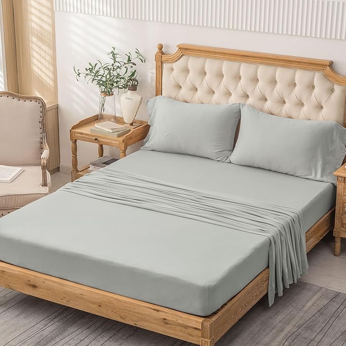 PURE ERA Jersey Knit 4pc Bed Sheet Set 100% T-Shirt Cotton Super Soft Comfy Breathable Fits Mattress Up to 20" Extra Deep Pocket (Solid Light Grey, King)