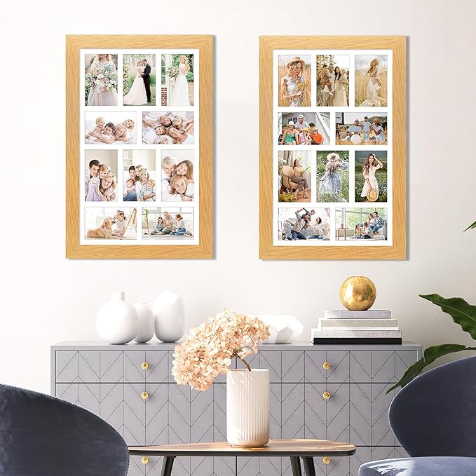 13x21 Picture Frame Display 10 opening 4X6 Picture Frame Collage,Multi Photo Frame with Mat,Plexiglass,Wall Mount Decor,Natural Wood Grain