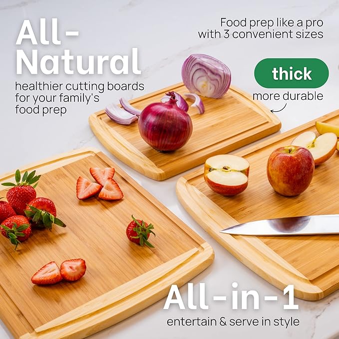 Organic Extra Large Bamboo Cutting Board Set of 3 with Lifetime Replacements – Premium Wooden Kitchen Boards for Chopping, Carving & Serving, Non-Toxic & Durable – by Greener Chef