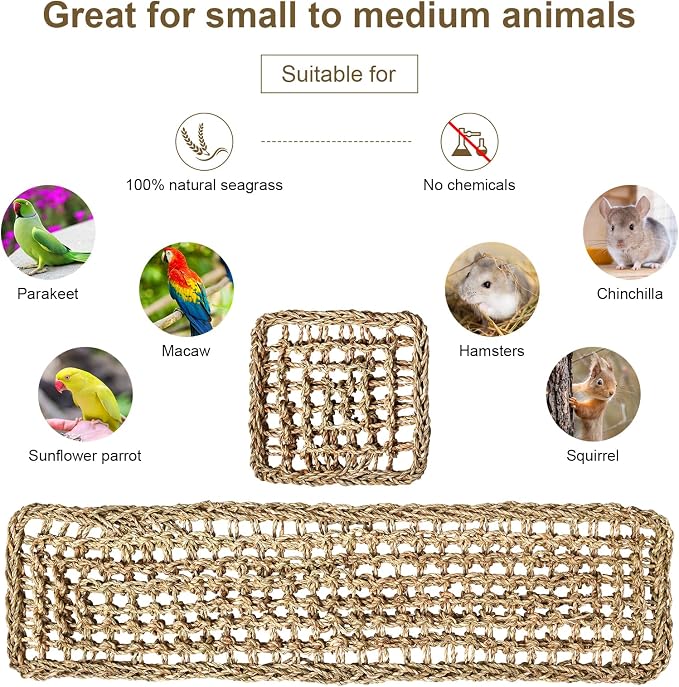 2 Pack Natural Sea Grass Parrot Mat, Bird Hammock Woven Climbing Net | DIY Bird Foraging Wall Hanging Play Pad, Bird Cage Accessories for Lovebirds, Cockatoos, Budgies, Conures & Pigeons