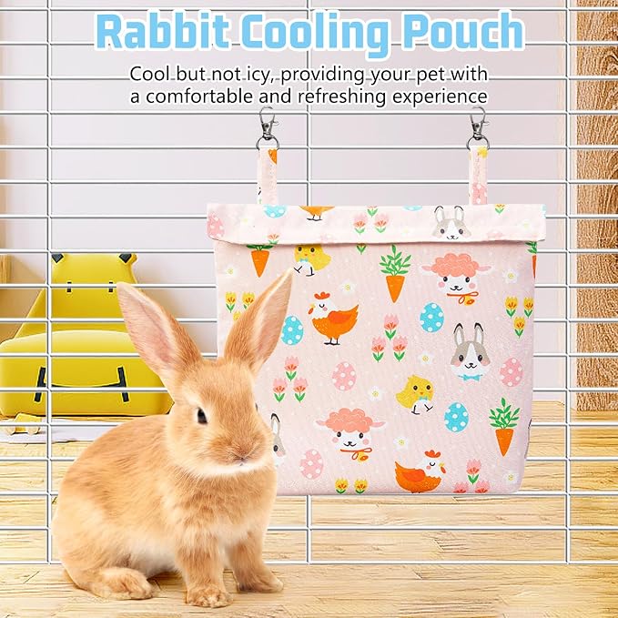 Rabbit Cooling Pouch with 2 Ice Boxes Small Animal Hanging Cooling Pad Set for Cage No Condensation Bunny Cooling Mat Washable Ice Bag for Guinea Pig Chinchilla (Style A)