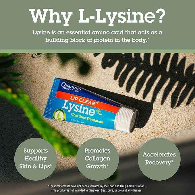 Quantum Health Lip Clear Lysine+ Cold Sore Treatment Soothe & Moisturize Mouth Sores - L-Lysine Menthol Calendula & Propolis Ointment - Transparent Fever Blister Healing Balm - 0.25 Oz