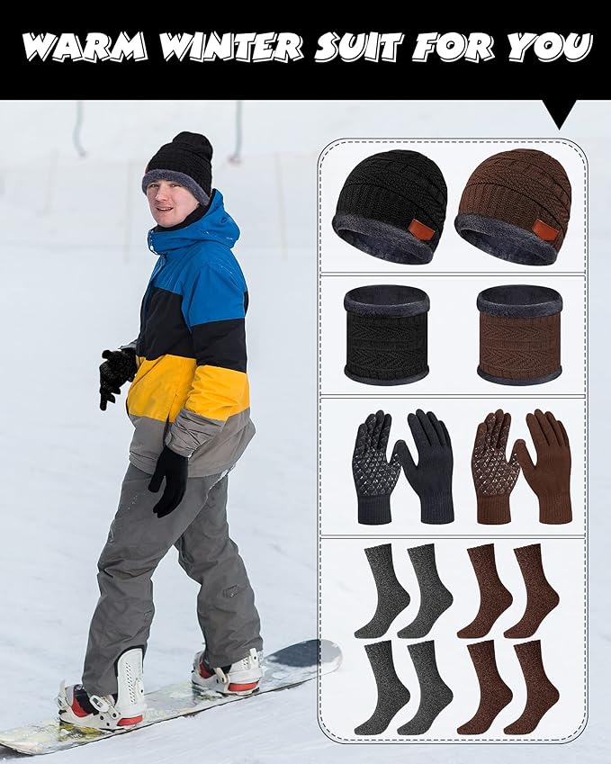 10 Pieces Winter Hat Beanie Scarf Touch Screen Gloves and Sock Set Slouchy Knit Skull Cap Beanies Fleece Lining Neck Warmer