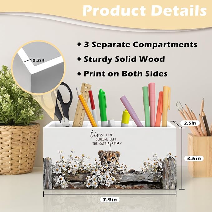 Rustic Cheetah Pen Holder Organizer, Farmhouse Leopard Gifts for Women Desk Decor, Live Like Someone Left the Gate Open Wooden Pen Pencil Holders for Vintage Desk Accessories