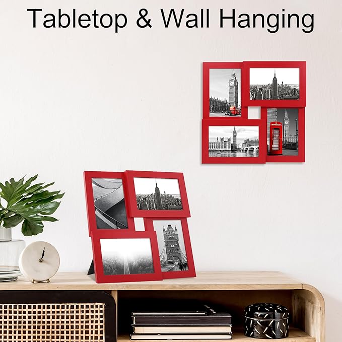 4x6 Collage Picture Frame,4 Photo Frame with Real Glass,Family Picture Frame Collage Wall Hanging or Tabletop Display,Red