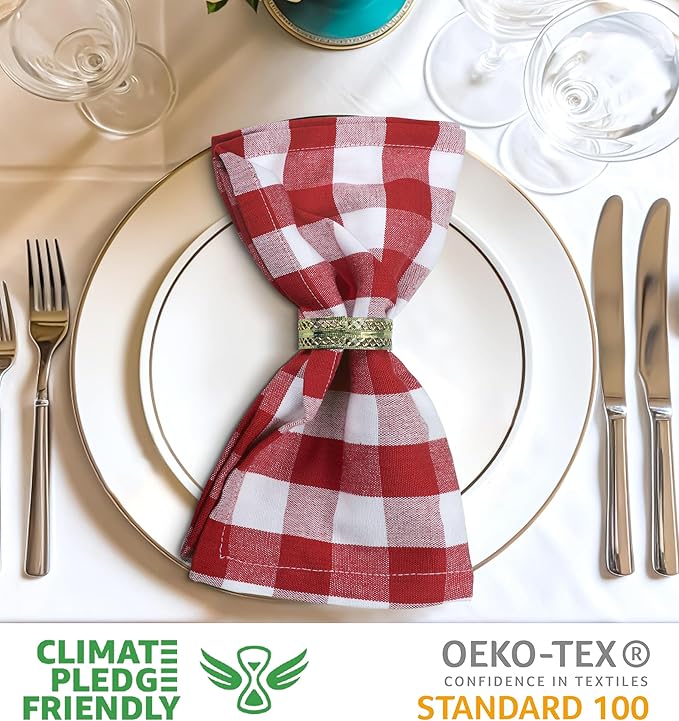 Urban Villa Cloth Napkins 100% Cotton Dinner Napkins Highly Absorbent 20x20 Inches (Set of 12) Red White Buffalo Checks Reusable Washable Soft Durable Premium Napkins Ideal for Home Wedding Parties